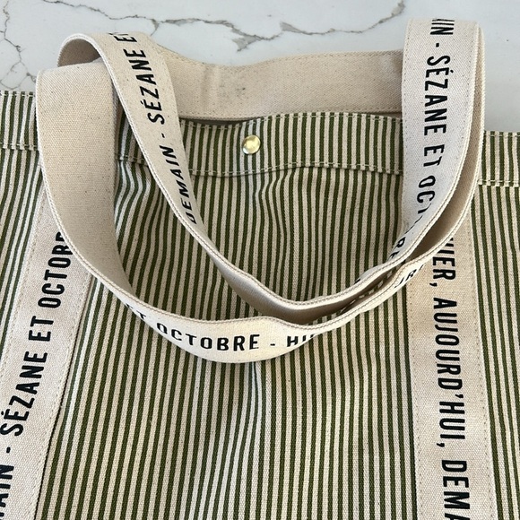 Sezane Cabas Libre Service Weekender Large Tote Green Stripe Cream 100% Cotton - Picture 8 of 14